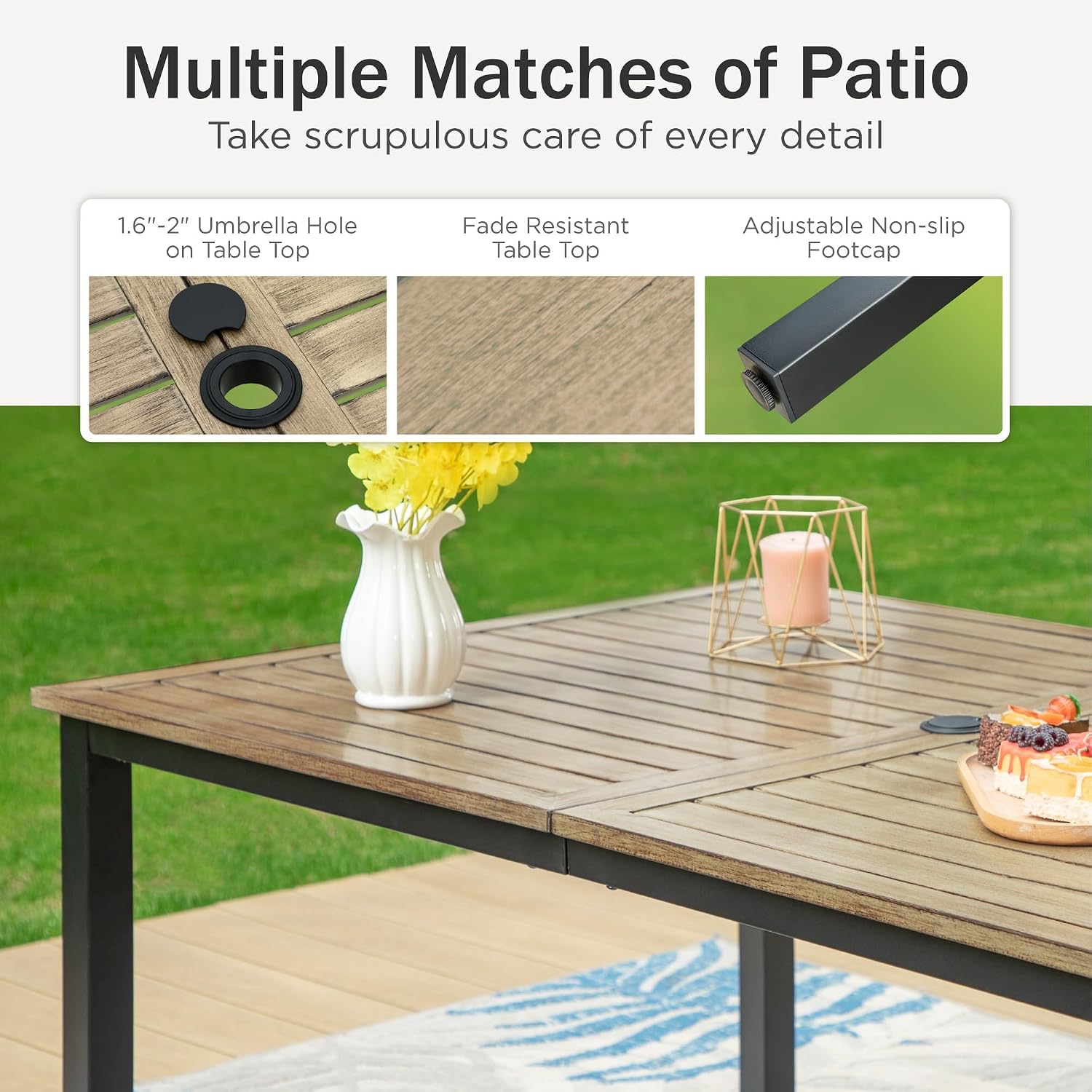 PHI VILLA 64' Rectangle Outdoor Dining Table, Patio Furniture Wood-Like Tabletop with Umbrella Hole for Patio Lawn Backyard Garden, Brown