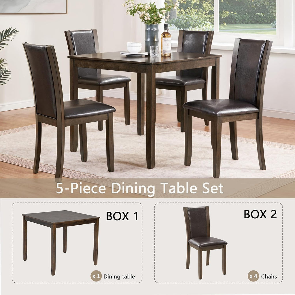 LUMISOL Dining Table Set for 4, Farmhouse Kitchen Table Set with PU Leather Dining Chairs, 5-Piece Wood Dining Sets, Dark Walnut