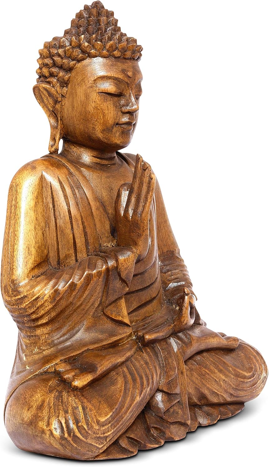 G6 Collection 12' Wooden Serene Sitting Buddha Statue Handmade Meditating Sculpture Figurine Decorative Home Decor Accent Rustic Handcrafted Art Traditional Modern Contemporary Oriental Decor