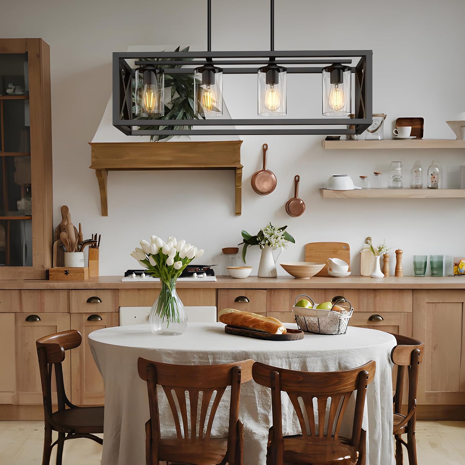 Farmhouse Dining Room Light Fixture - 4 Light Kitchen Island Lighting with Adjustable Height & Thickened Metal Dining Room Light Fixture Over Table，Chandeliers for Dining Room&Kitchen Island
