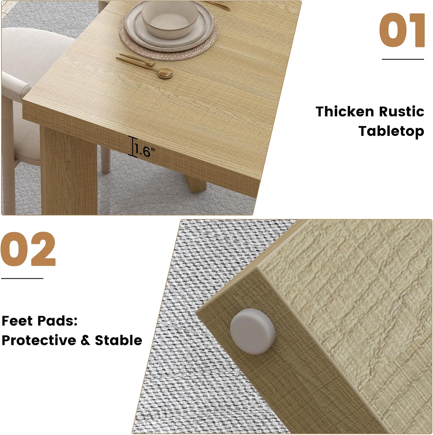 Bigbiglife 63 Inch Dining Table for 6, Indoor Outdoor Dining Table with Wood Legs, Kitchen Table with Large Tabletop, Rectangular Dinner Table for Dining Room, Living Room, Kitchen, Natural