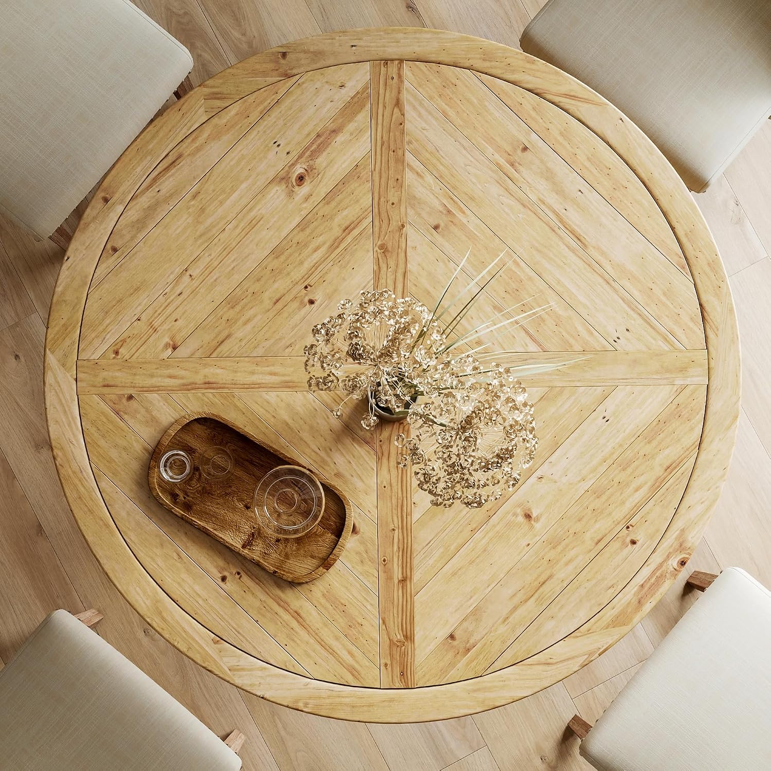 47' Round Dining Table with Wooden Pedestal Base, Antique Pine Wood Dinner Table for 4, Heavy Duty Pedestal Table for Kitchen/Dining Room/Living Room/Restaurant, Weathered Brown