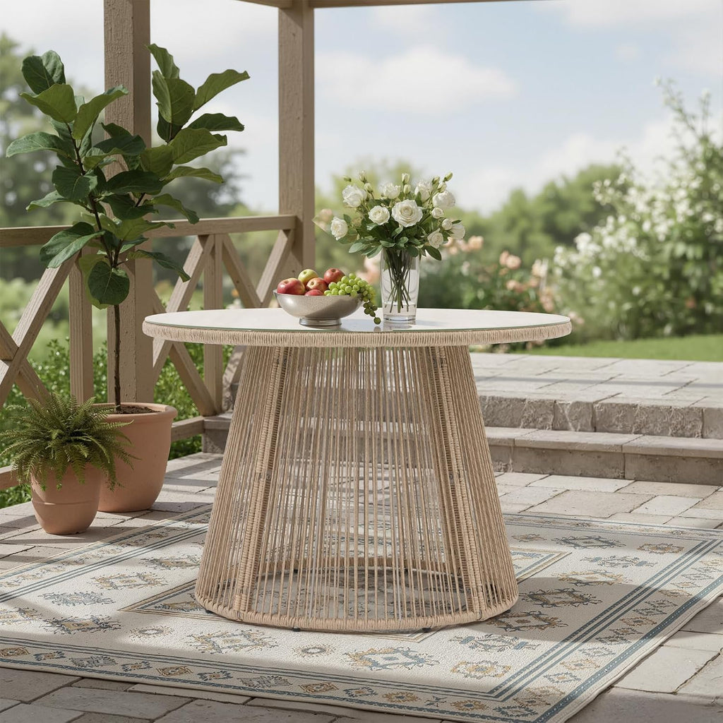 SUNSITT 43' Outdoor Dining Table, Patio Round Table for 4, Modern Patio Dining Table w/Beige Rattan Design, Tempered Glass Top w/Ceramic Coating, Metal Frame Outdoor Table for Garden Backyard Lawn
