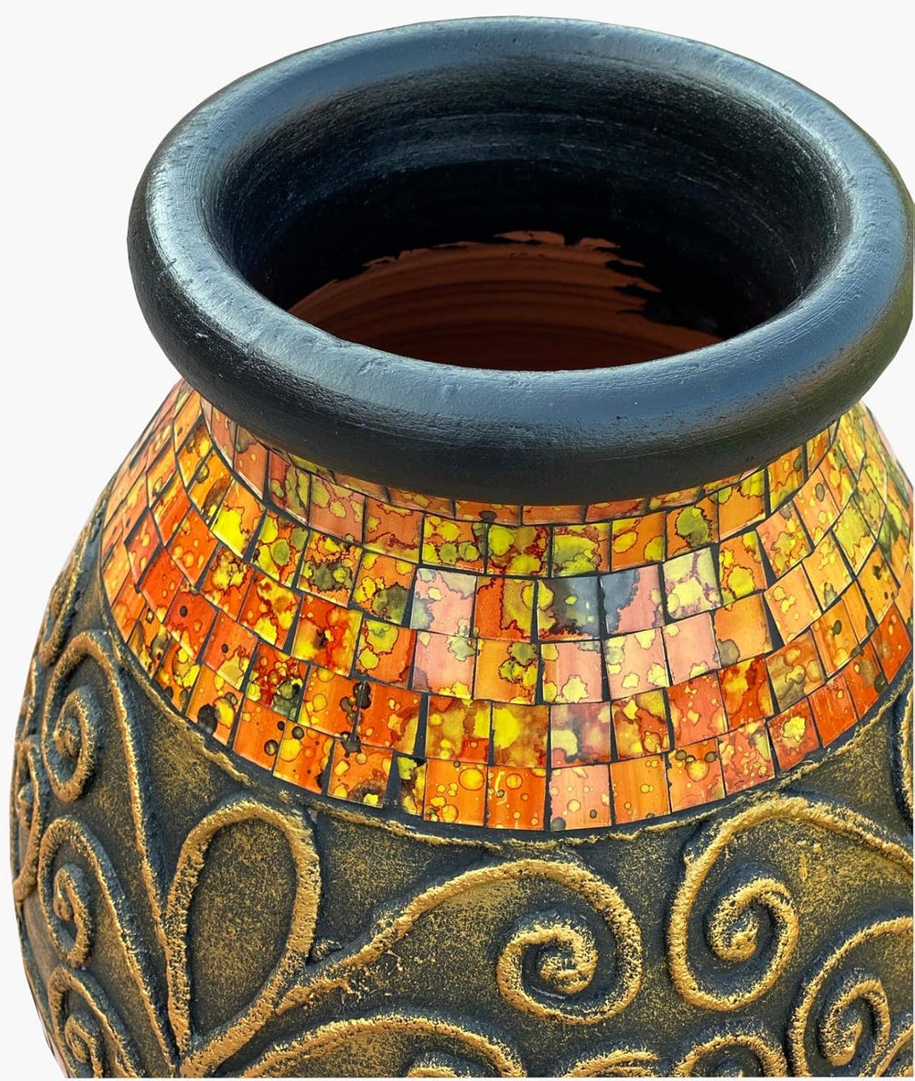 Floor Vase, 24 Inch Mosaic Vase – Tall Cylinder Made of Terracotta with Yellow and Orange Glass Mosaic Pieces – Handcrafted Decorative Home Decor Accent Piece for Bedroom, Living Room, Office