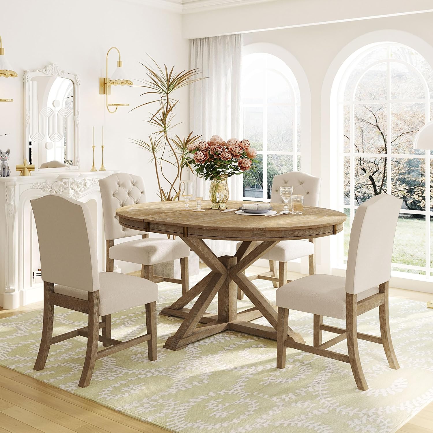 LUMISOL Extendable Round Dining Table for 4-8, Farmhouse 42'-54'' Expandable Kitchen Table with Removable Leaf and Pedestal Base for Kitchen, Dining Room, Living Room, Natural