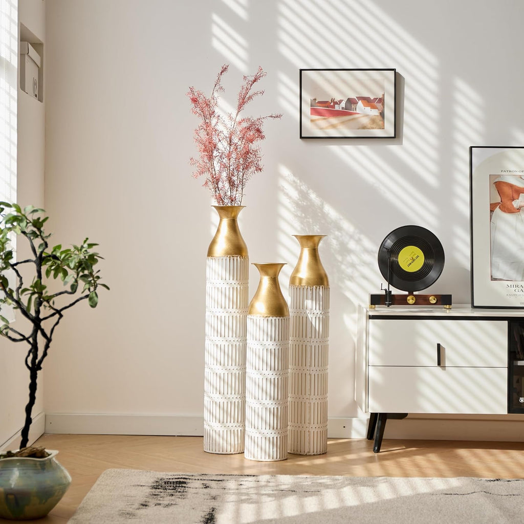 Gold-White Metal Floor Vase Set - 3D Floral Relief Cylinder Vases for Living Room, Entryway & Office Decor, Rustproof Tall Standing Home Décor 24in/28.7in/33.5in
