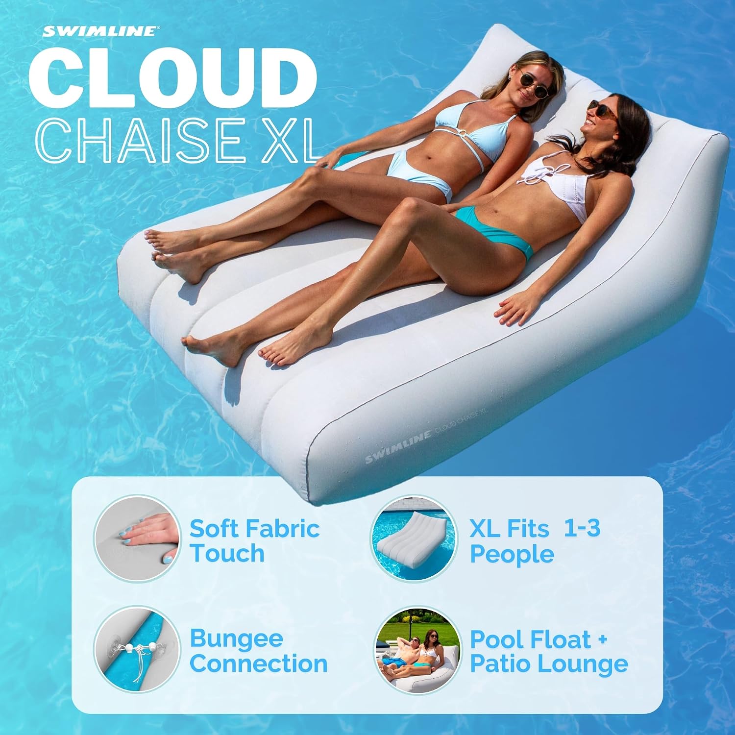 SWIMLINE Original Cloud Chaise XL Pool Lake Float Lounger Raft for Adults & Kids | Comfortable Fabric Foam Texture for Floating & Backyard Lounging | Connect Multi Floats with Bungees (Pack of 4)