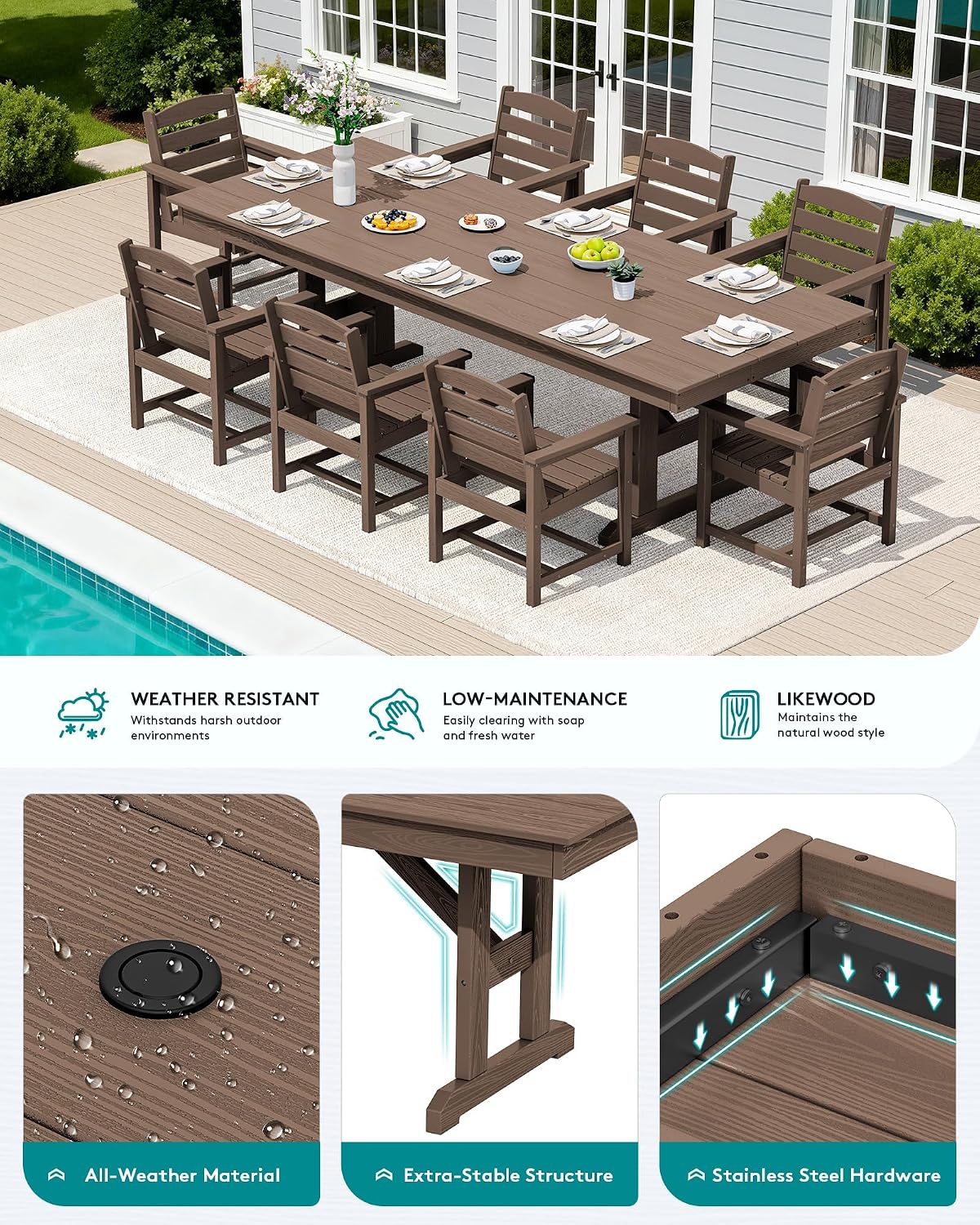 SERWALL Outdoor Dining Table, 84' Rectangular Dining Table for 6-10 Person, All Weather HDPE Patio Dining Table with Umbrella Hole for Backyard, Garden, Brown