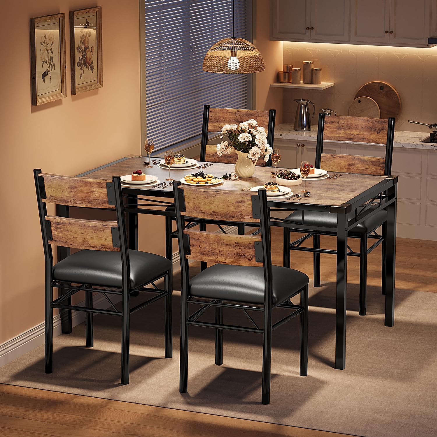 IDEALHOUSE Wood Dining Table Set for 4 with Corner Protector, Kitchen Table Chairs Set of 4 with Upholstered Chairs, Dining Room Table Set for 4, for Dining Room, Apartment,Retro Brown