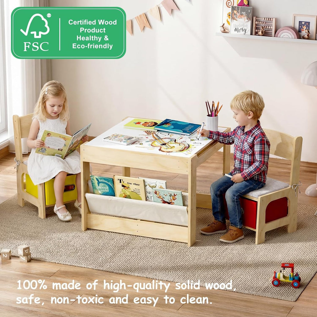EXPERLAM Kids Table and 2 Chairs Set, Wooden Toddler Activity Table with Adjustable Drawing Tabletop, Safety Hinges, Storage Drawers &Bookshelf for Playroom, Nursery, Ages 1-6, Burlywood