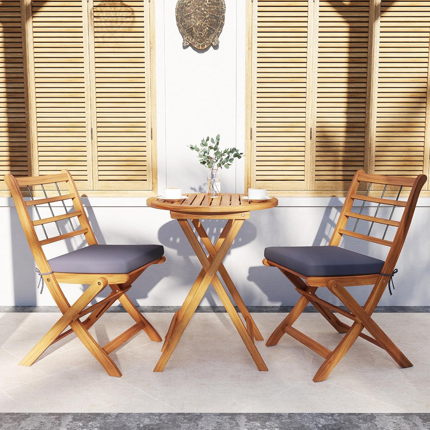 Tangkula 3 Piece Patio Wood Bistro Set, Folding Table Chair Set w/Soft Seat Cushions, Acacia Wood Frame, High-Back Portable Chairs w/Table for Backyard, Poolside (Grey)