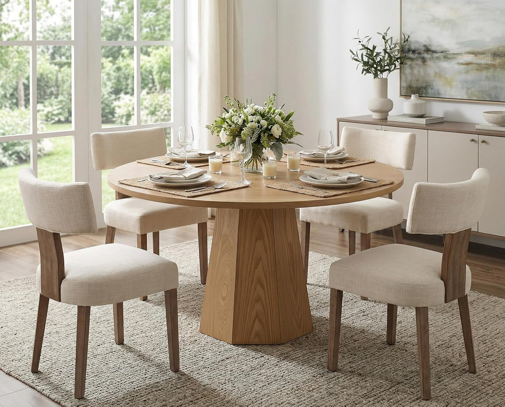 BESTANO 39' Round Solid Wood Dining Table for 4-5 People, Modern Pedestal Dining Kitchen Table, Farmhouse Small Wood Dining Table for Kitchen Easy Assemble, Saving Space, Brown