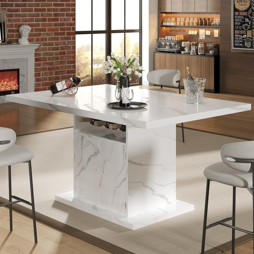 Extendable Dining Room Table for 4-6, 47-63 Inch Rectangle Kitchen Dining Table with Storage, Expandable Modern Rectangle Dinner Table with Faux Marble Top for Kitchen, Dining Room, White Faux Marble