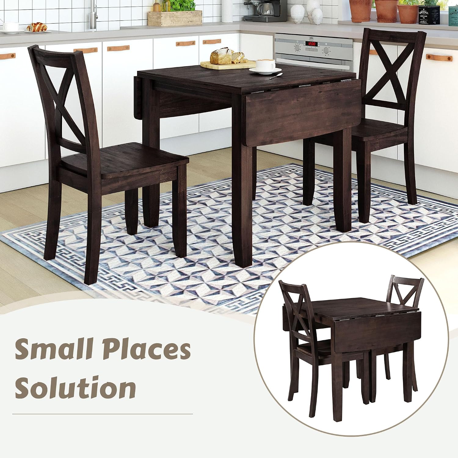 LUMISOL 3-Piece Drop Leaf Dining Table Set for 2, 3-Piece Extendable Bar Table Set with 2 Chairs for Small Spaces, Easy Assembly Home Furniture, Espresso