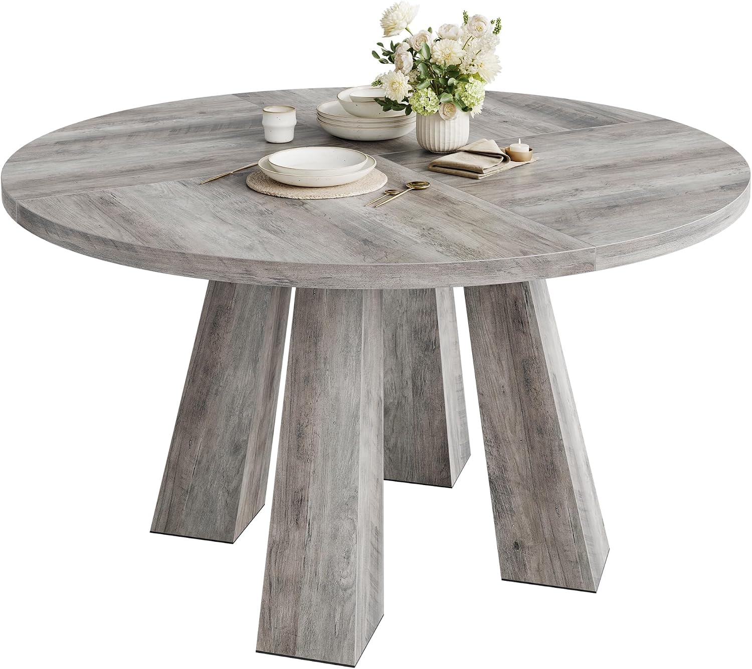 IDEALHOUSE 47' Round Dining Table for 4-6, Wood Kitchen Table with Sturdy Base, Farmhouse Circle Dinner Table for Dining Room, Living Room, 4 Strong Legs, Grey
