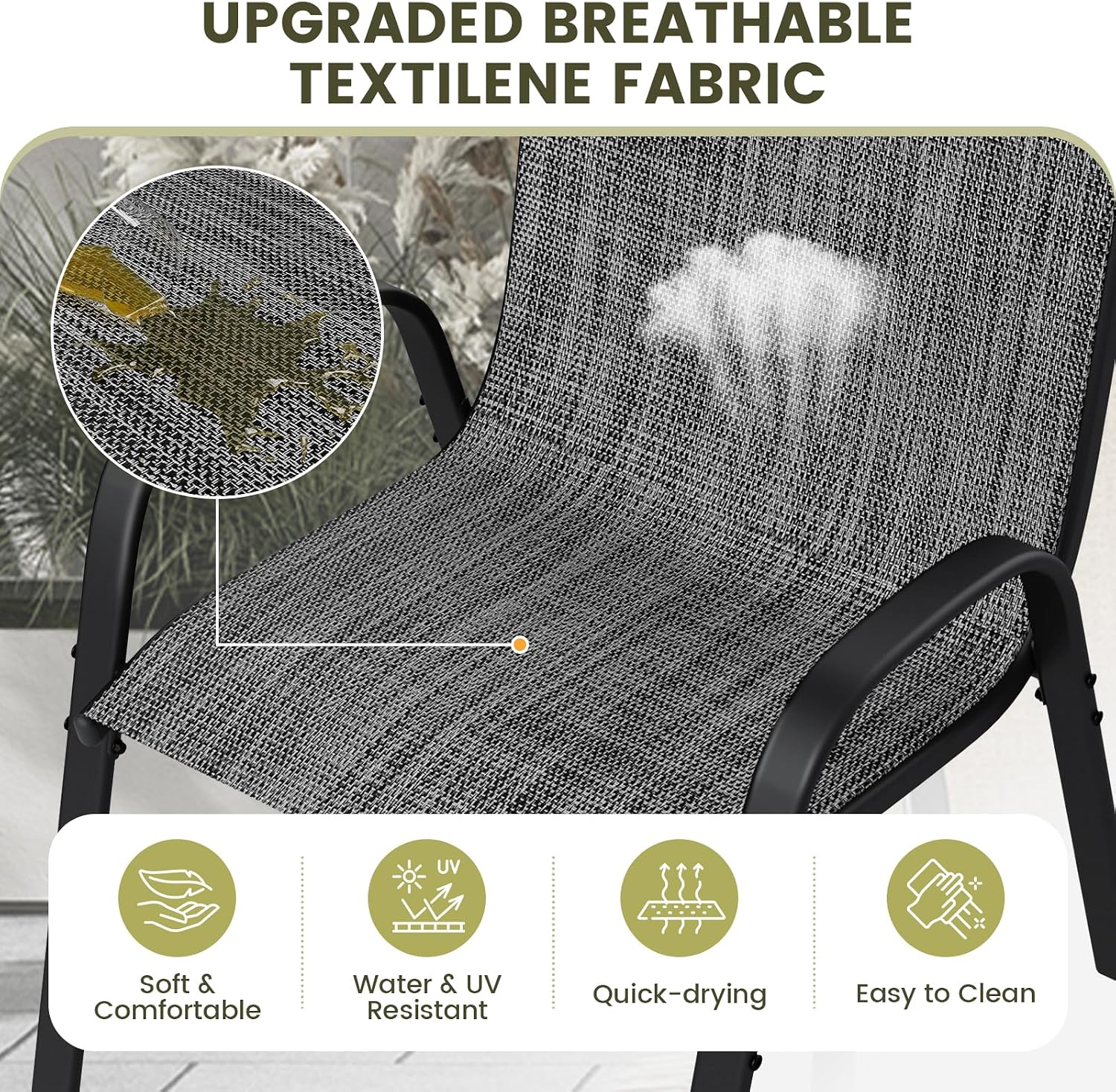 UDPATIO Patio Chairs Set of 4, Stackable Outdoor Dining Chairs with High Back, Textilene Fabric Breathable Outdoor Chair All Weather, 350LBS Capacity for Garden, Backyard (Dark Grey)