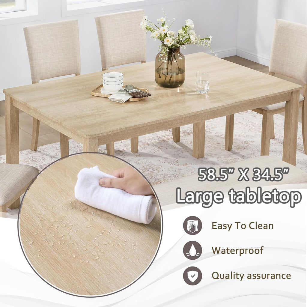 KEIKI 6-Piece Standard Height Dining Table Set with Rectangular Table, 4 Upholstered Chair, Bench, for 6 Person, Modern Style Wooden Table Set, Easy Assembly, for Kitchen, Dining Room, Light Oak
