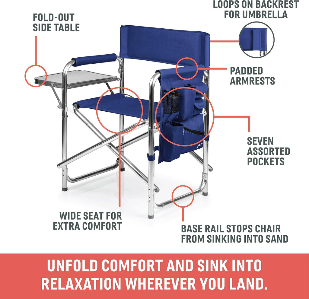 PICNIC TIME Sports Chair with Side Table and Armrest Caddy, Lightweight Aluminum Folding Outdoor Camping Chair for Adults, Portable Director Style Lawn Seating with Pockets & Carry Strap, (Red)
