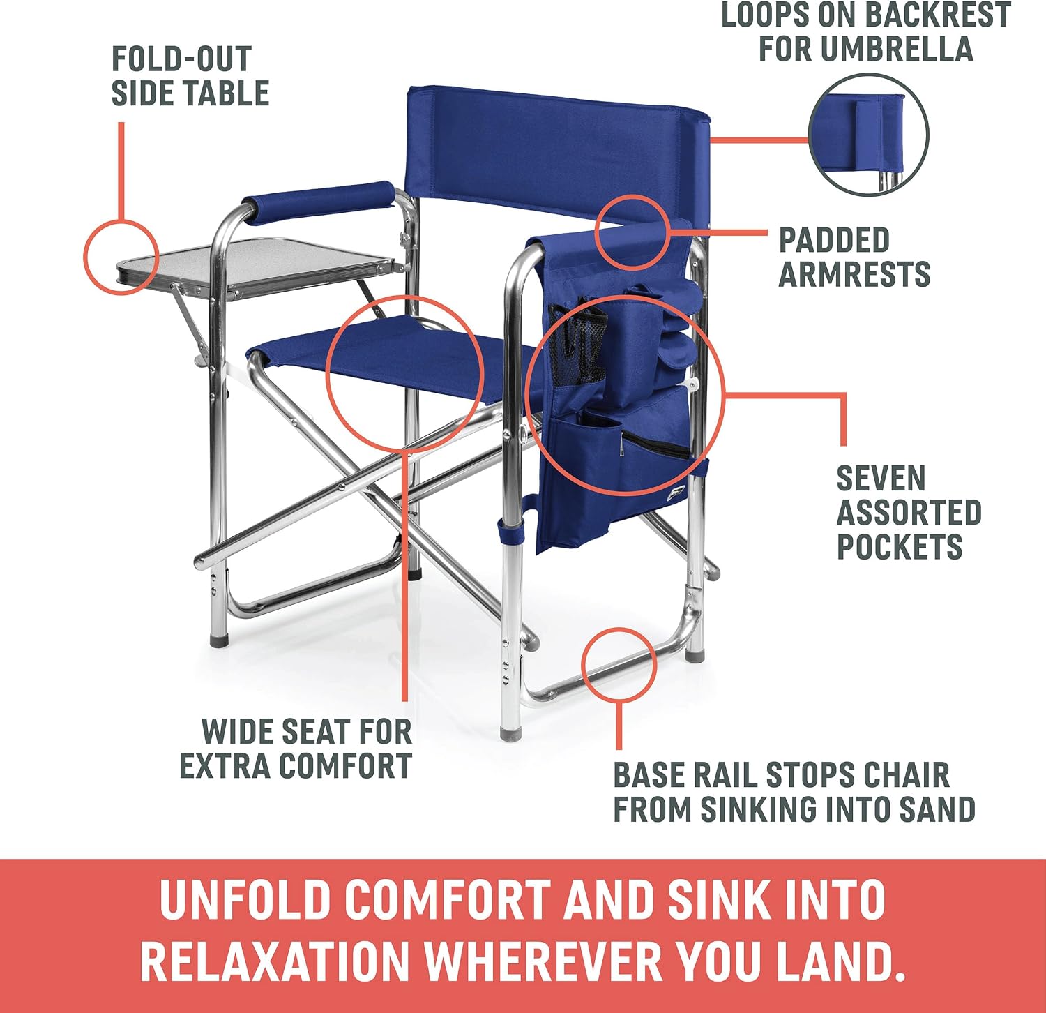 PICNIC TIME Sports Chair with Side Table and Armrest Caddy, Lightweight Aluminum Folding Outdoor Camping Chair for Adults, Portable Director Style Lawn Seating with Pockets & Carry Strap, (Red)