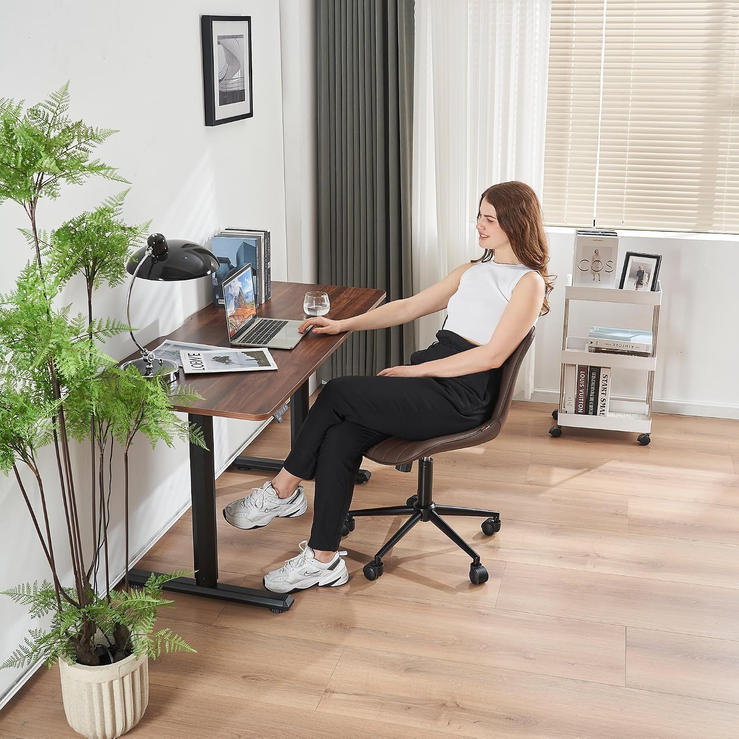 YOUNIKE Ergonomic Home Office Desk Chair with Wheels Comfy Armless Criss Cross Chair with Adjustable Back Modern Leather Upholstered Swivel Vanity Chair Small Cute Rolling Task Chair for Women Brown