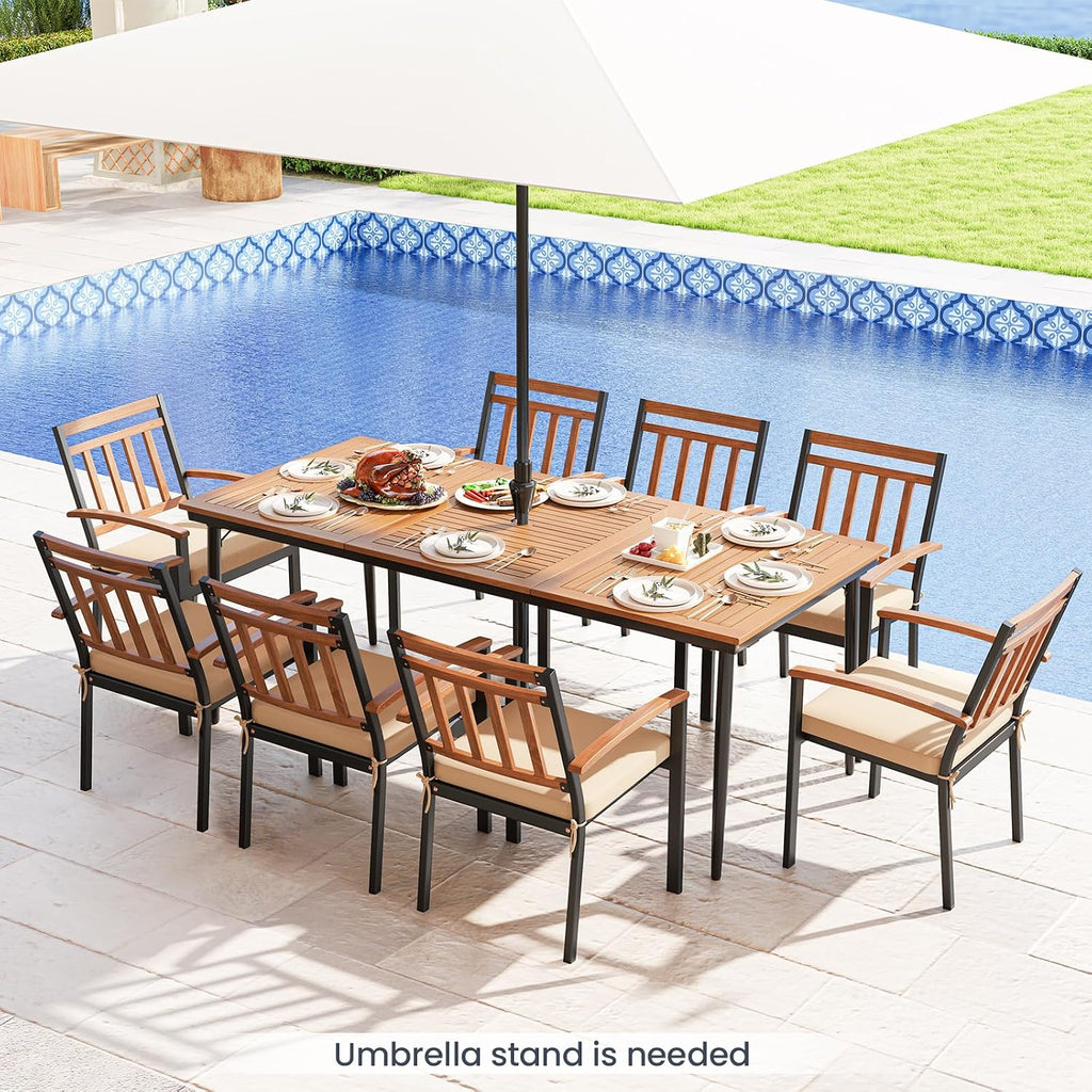 HAPPYGRILL Outdoor Dining Table for 6-8 People, Rectangular Eating Table with 2 inch Umbrella Hole, Sturdy Metal Legs, Patio Acacia Wood Dining Table, Perfect for Porch, Backyard, Garden
