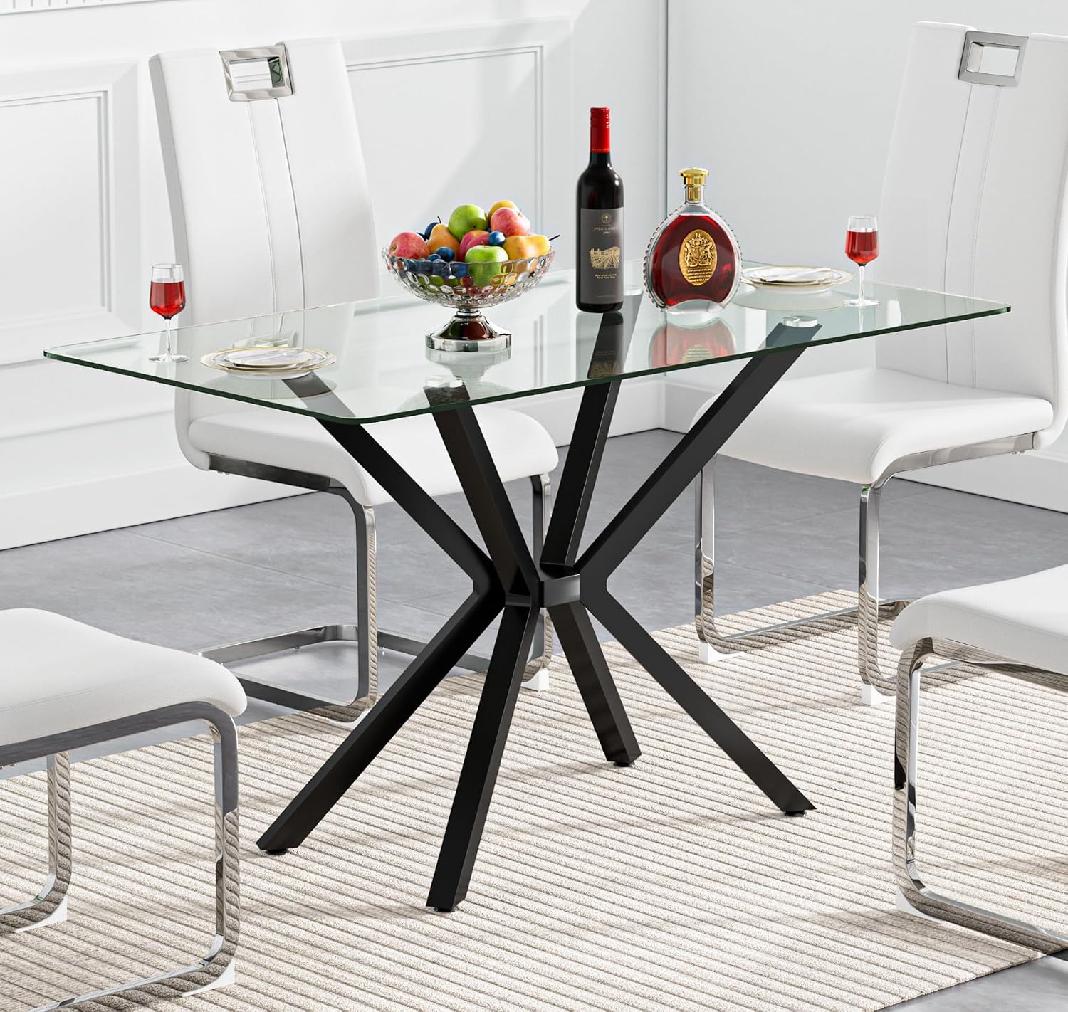47.2' Glass Dining Table, Modern Kitchen Table for 4 People, Contemporary Rectangular Dining Room Dinner Tables with Clear Glass Top & Black Metal X Legs for Kitchen Apartment