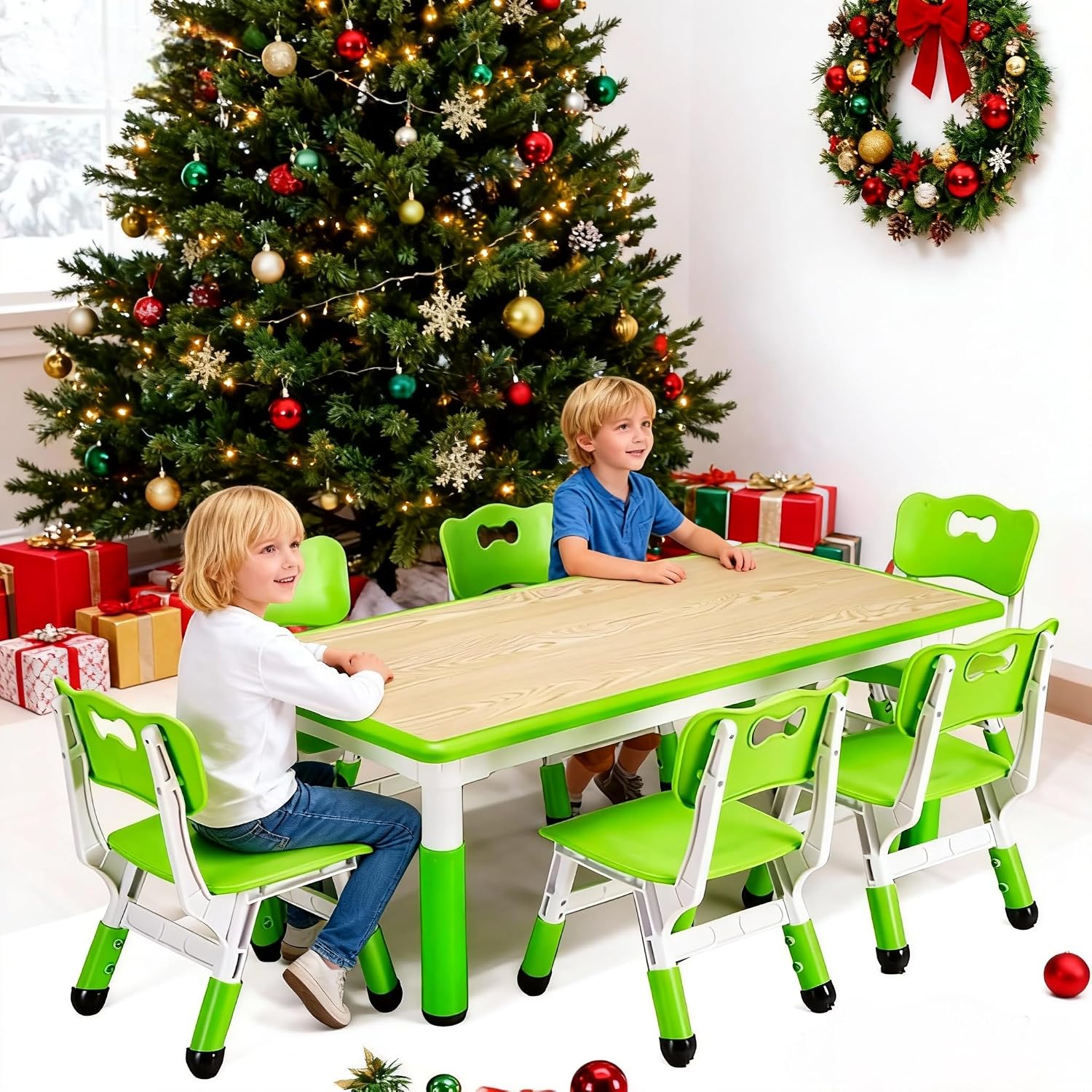 Garvee Kids Table and 6 Chair Set,47 in Modern Height Adjustable Toddler Table and 6 Chairs Set with Non-Slip Desk Legs&Organizer Graffiti Desktop,Preschool Activity Art Craft Tables for 6(Green)