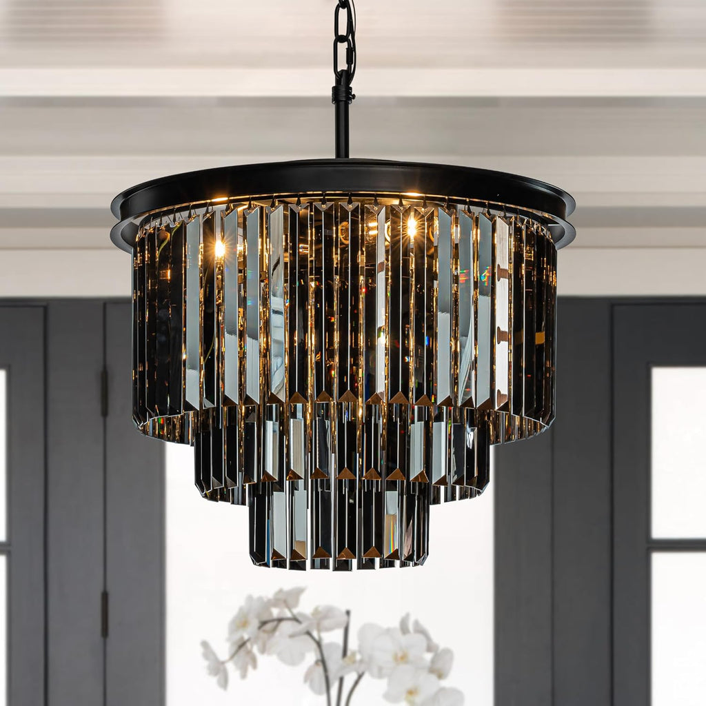 ALOADECOR 6-Light W 20 in. Modern Odeon 3-Tier Round Fringe Crystal Chandelier in Matte Black Finish Frame with Smoke Crystal Accents Dual-Use Light for Dining Room Living Room Bedroom