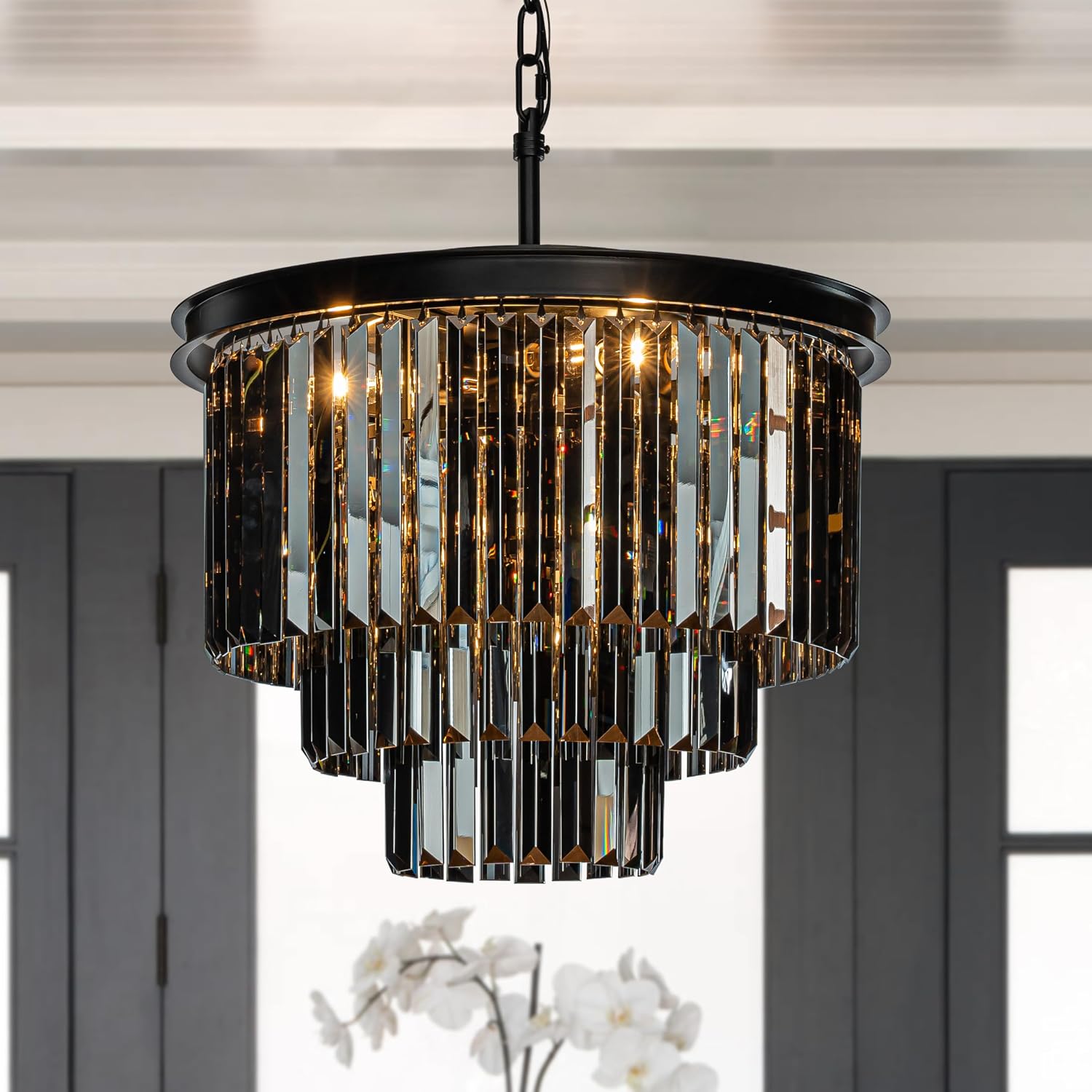 ALOADECOR 6-Light W 20 in. Modern Odeon 3-Tier Round Fringe Crystal Chandelier in Matte Black Finish Frame with Smoke Crystal Accents Dual-Use Light for Dining Room Living Room Bedroom