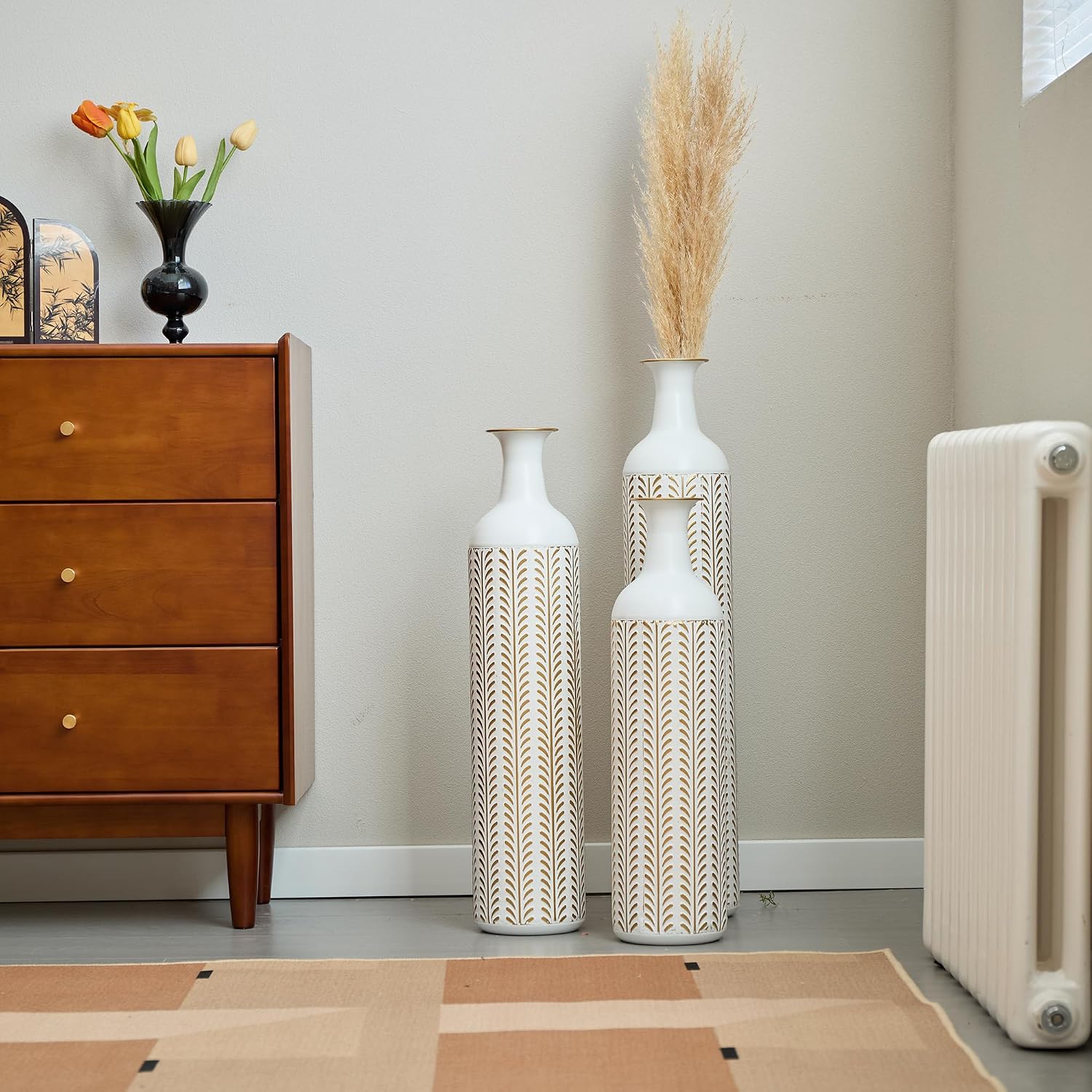 Floor Metal Decorated Vases Set of 3 for Gorgeous Home Decoration Large Glazed Metal Vases (Vintage White)