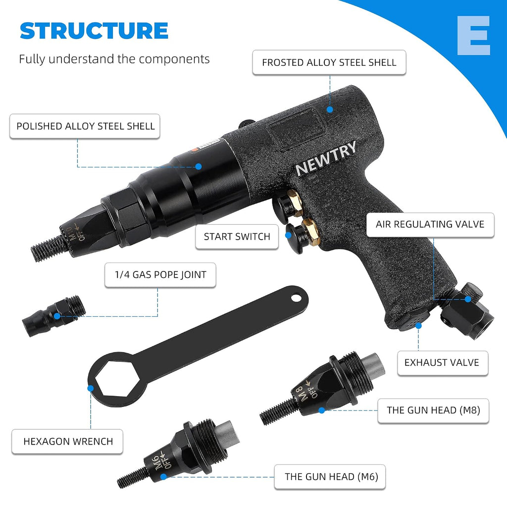 NEWTRY Air Rivet Nut Gun Pneumatic Riveter Riveting Tool Kit with Self-locking Head for 1/4,5/16,25/64 Nut (6108 with M6.M8,M10 head)