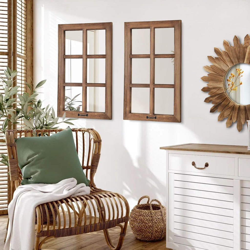 LOSOUR 2 Pack 24x40 Mirrors for Wall Decor, Farmhouse Distressed Wood Windowpane Mirror, Rustic Home Wall Decor Accents for Bedroom Living Room Dining Room, Kitchen, Mantle (2, Brown, 40' L x 24' W)