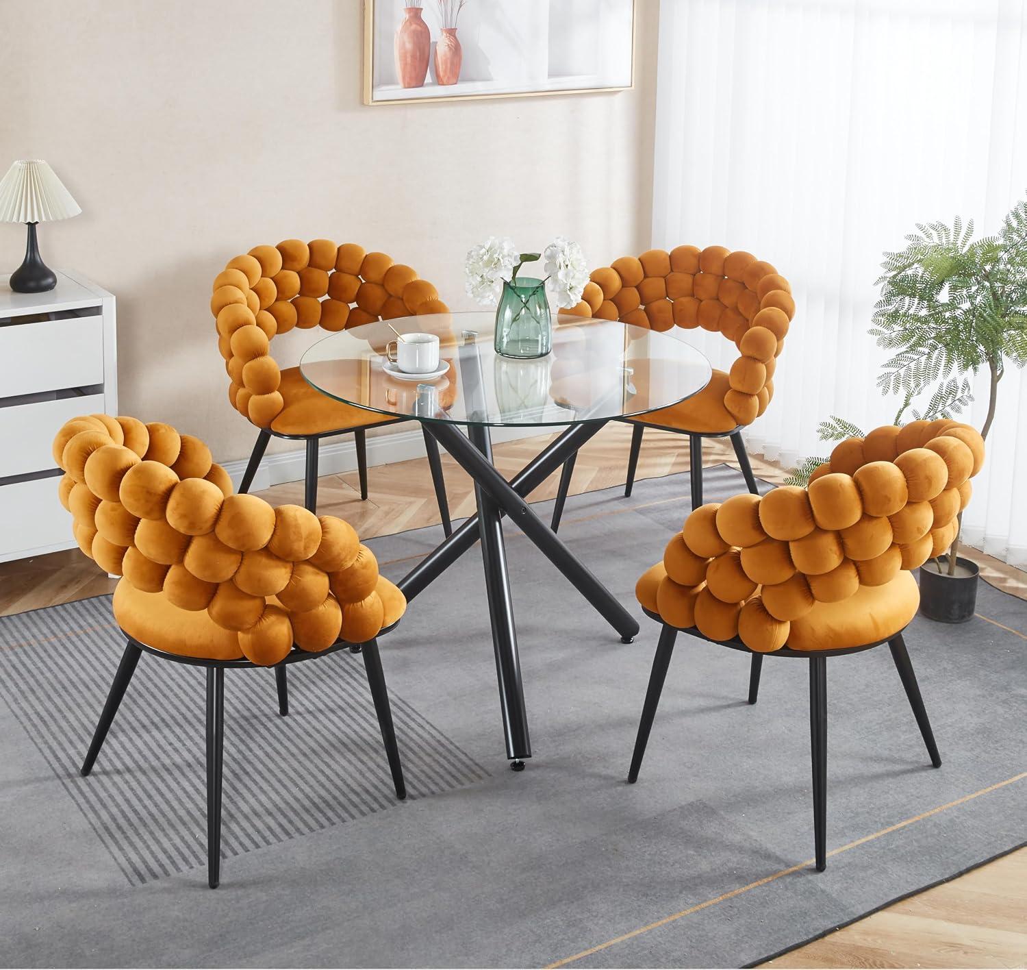 36' Round Dining Table for 4, Modern Clear Glass Kitchen Table for 4 with Black Cross Metal Legs, Contemporary Small Circle Dining Room Leisure Tables for Kitchen Apartment