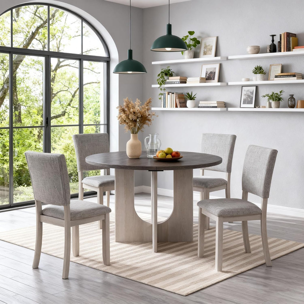 leovanni Round Dining Table Set for 4, Kitchen Table with 4 Upholstered Chairs, 5-Piece Wood Dining Table and Chairs Set for Kitchen, Dining Room, Living Room, Gray