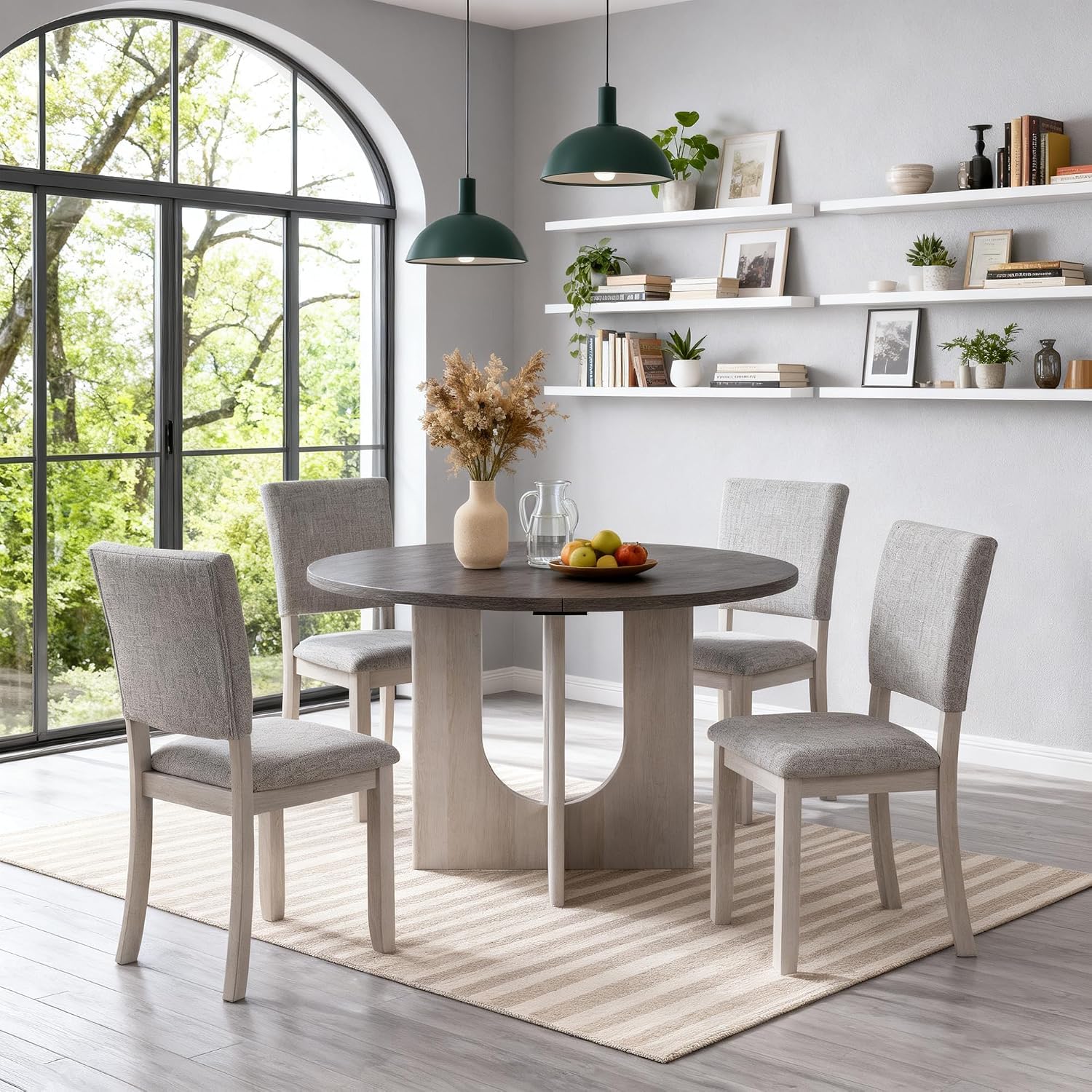 leovanni Round Dining Table Set for 4, Kitchen Table with 4 Upholstered Chairs, 5-Piece Wood Dining Table and Chairs Set for Kitchen, Dining Room, Living Room, Gray