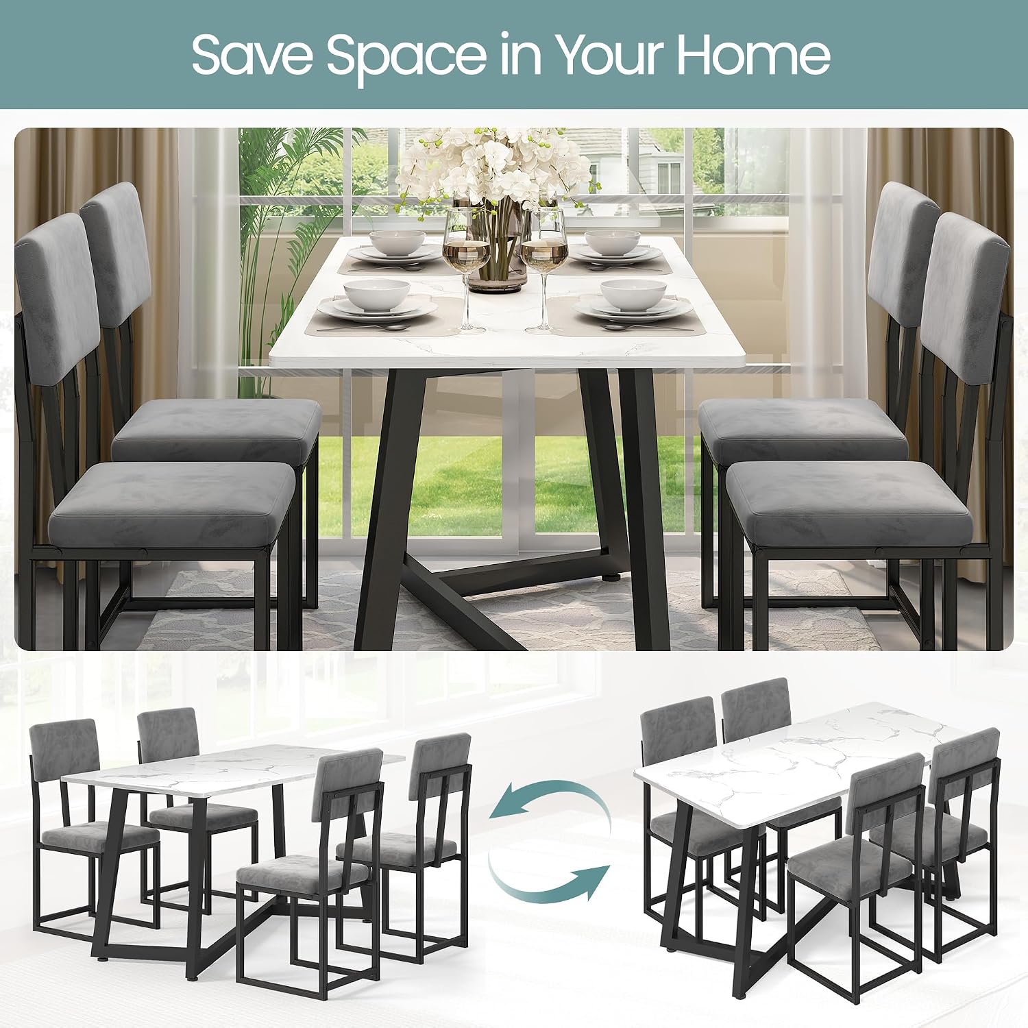 HUGROVE 5 Piece Dining Set, 47.24'' Faux Marble Dining Table Set for 4, Modern Minimalist Kitchen & Dining Room Set with Upholstered Chairs for Small Spaces, Apartments (Charcoal Velvet)