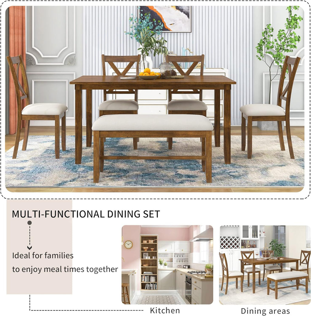 Harper & Bright Designs 6-Piece Dining Table Set, Dining Room Table Set with Wooden Rectangular Dining Table, 4 Dining Chair and Bench, Kitchen Dinette Set for 6 People (Natural Cherry)