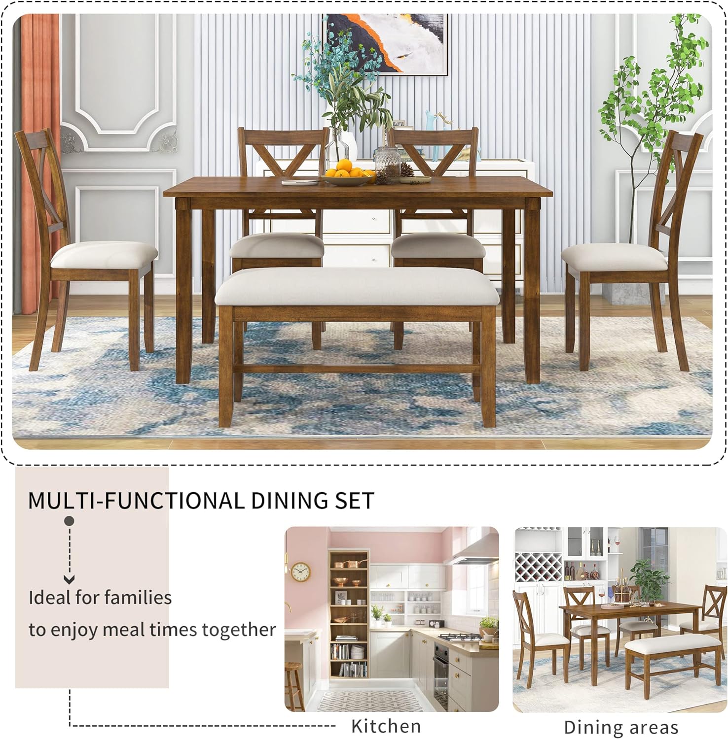 Harper & Bright Designs 6-Piece Dining Table Set, Dining Room Table Set with Wooden Rectangular Dining Table, 4 Dining Chair and Bench, Kitchen Dinette Set for 6 People (Natural Cherry)