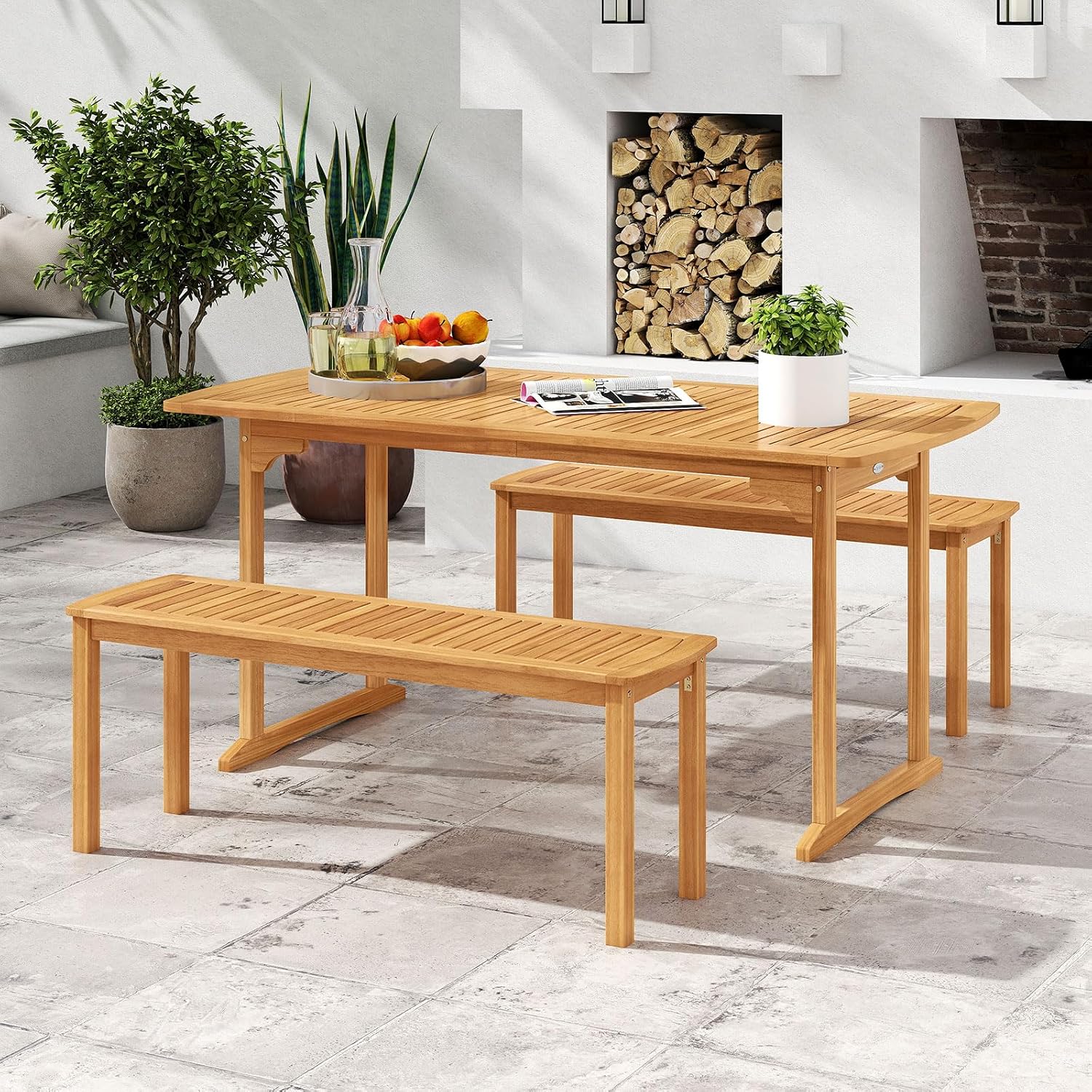 HAPPYGRILL Outdoor Wooden Dining Table for 4-6 People, Acacia Wood Table with Umbrella Hole, for Backyard Patio Deck Porch