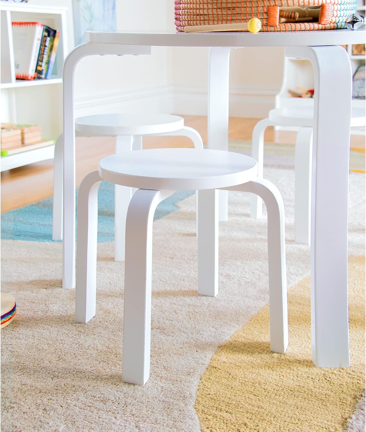 Guidecraft Nordic Table and Stools Set for Kids: White - Stacking Bentwood Stools with Curved Wood Toddler Activity Table - Children's Modern Bedroom, Playroom, and Living Room Furniture