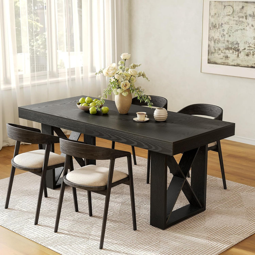 LITTLE TREE Dining Table for 4 People, 63-Inch Farmhouse Rectangle Kitchen Dinner Table for Dining Room, Kitchen, Living Room, Black