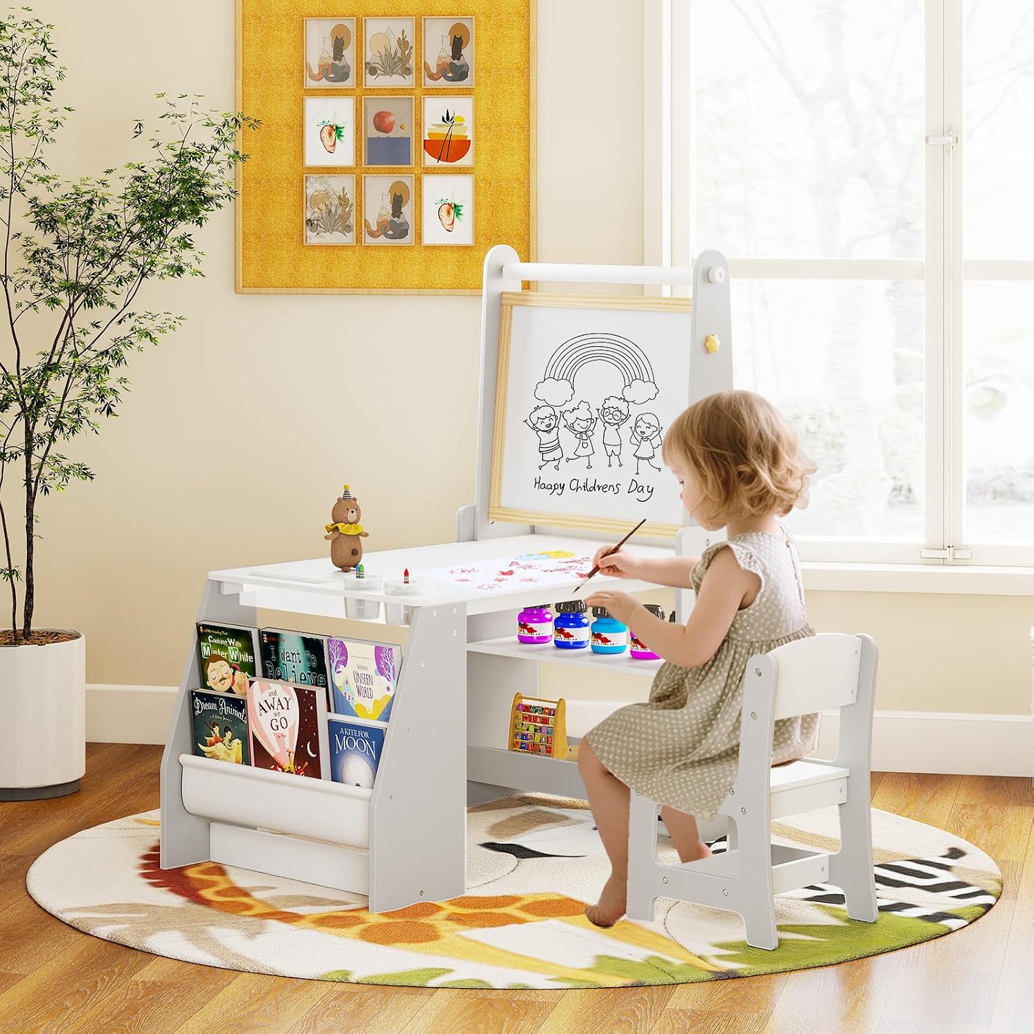 HONEY JOY Kids Art Table, Wooden Arts and Crafts Activity Set w/Adjustable Magnetic Whiteboard & Chalkboard, Paper Roll, Bookshelves & Storage Shelves, Toddler Table and Chair Set (Gray)