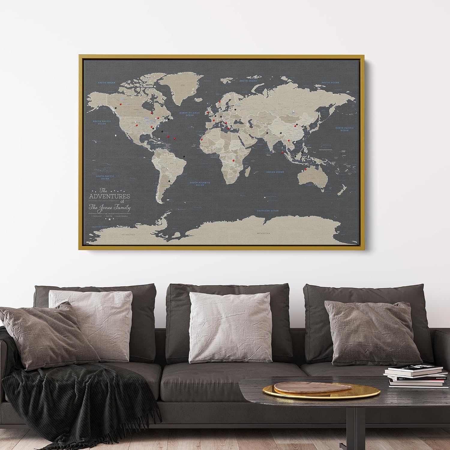 Earth Tone World Map with Pins – Personalized Canvas Push Pin Map – Framed World Travel Wall Decor – Gold Float Frame – 24' x 36'