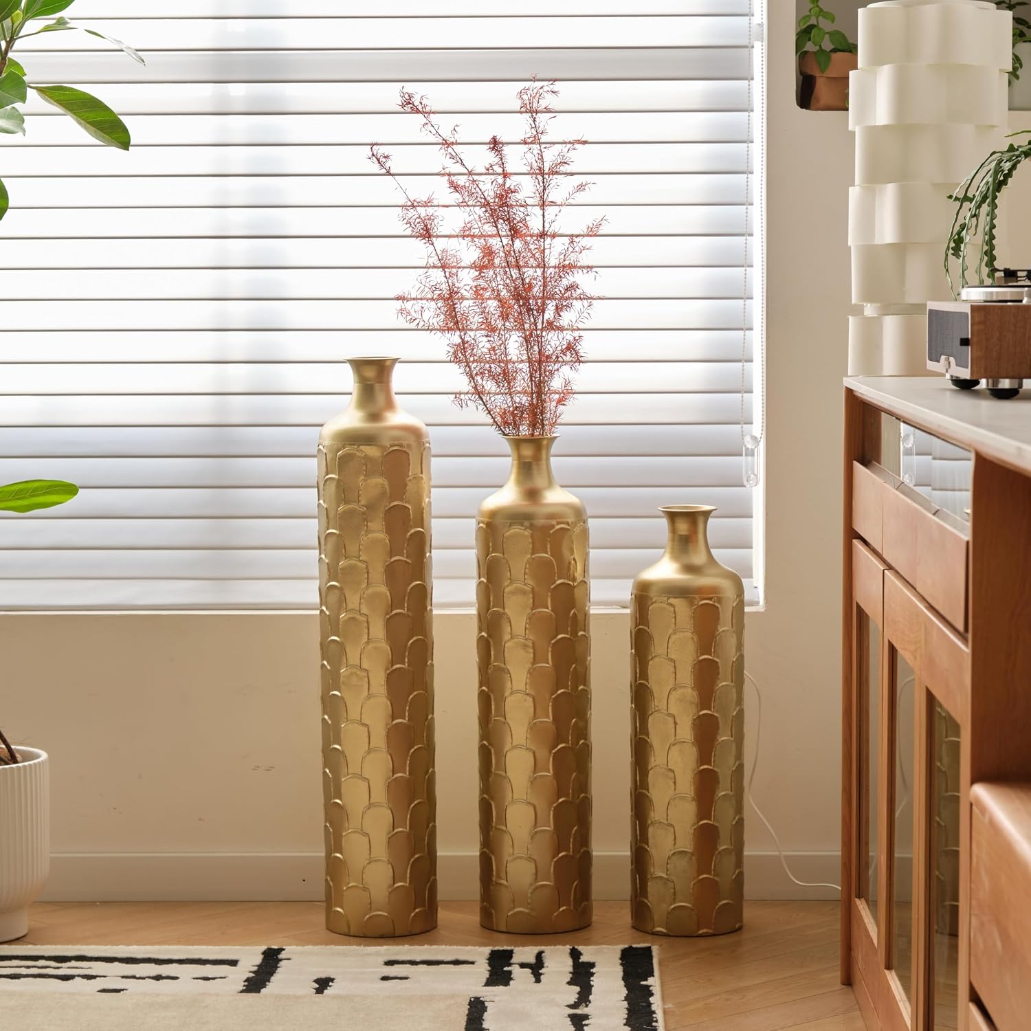 Tall Floor Vases for Living Room Decor, Set of 3 Gold Metal Decorative Vases, Large Modern Centerpiece Vase for Wedding, Party, Entryway & Home Decor