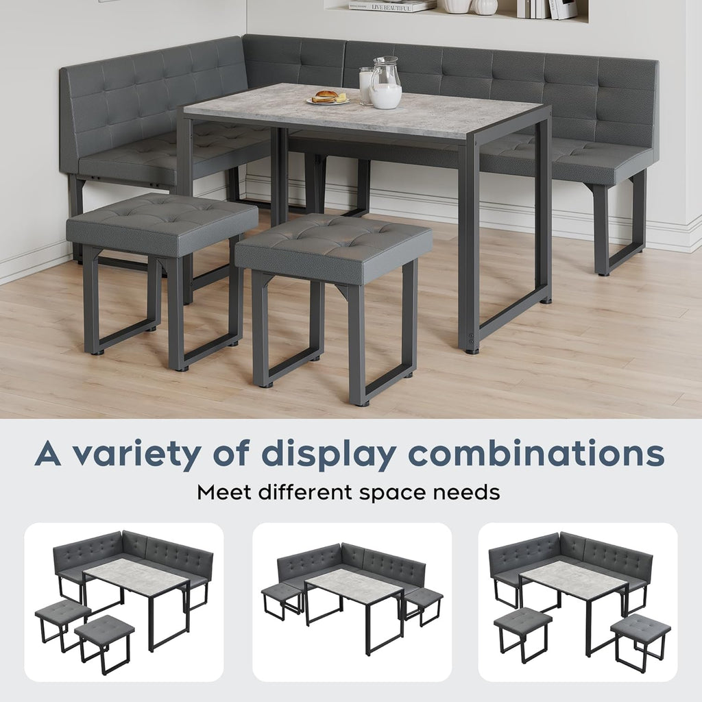 XIAO WEI Corner Dining Table Set for Small Spaces, 70 Inch Breakfast Nook with Storage Banquette, 5 Piece Dining Set with Upholstered Bench, Modern Grey