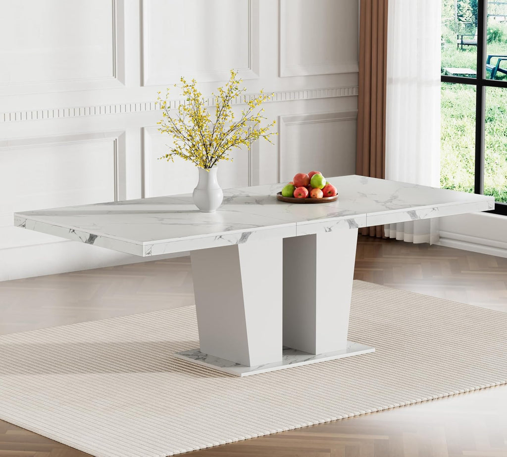 Henf 5 Pieces Faux Marble Dining Table Set for 4, 63'-79' Extendable Dining Room Table and 4 Grey Tufted Chairs Set for 4, Modern Large Expandable Kitchen Table with White Double Columns Base