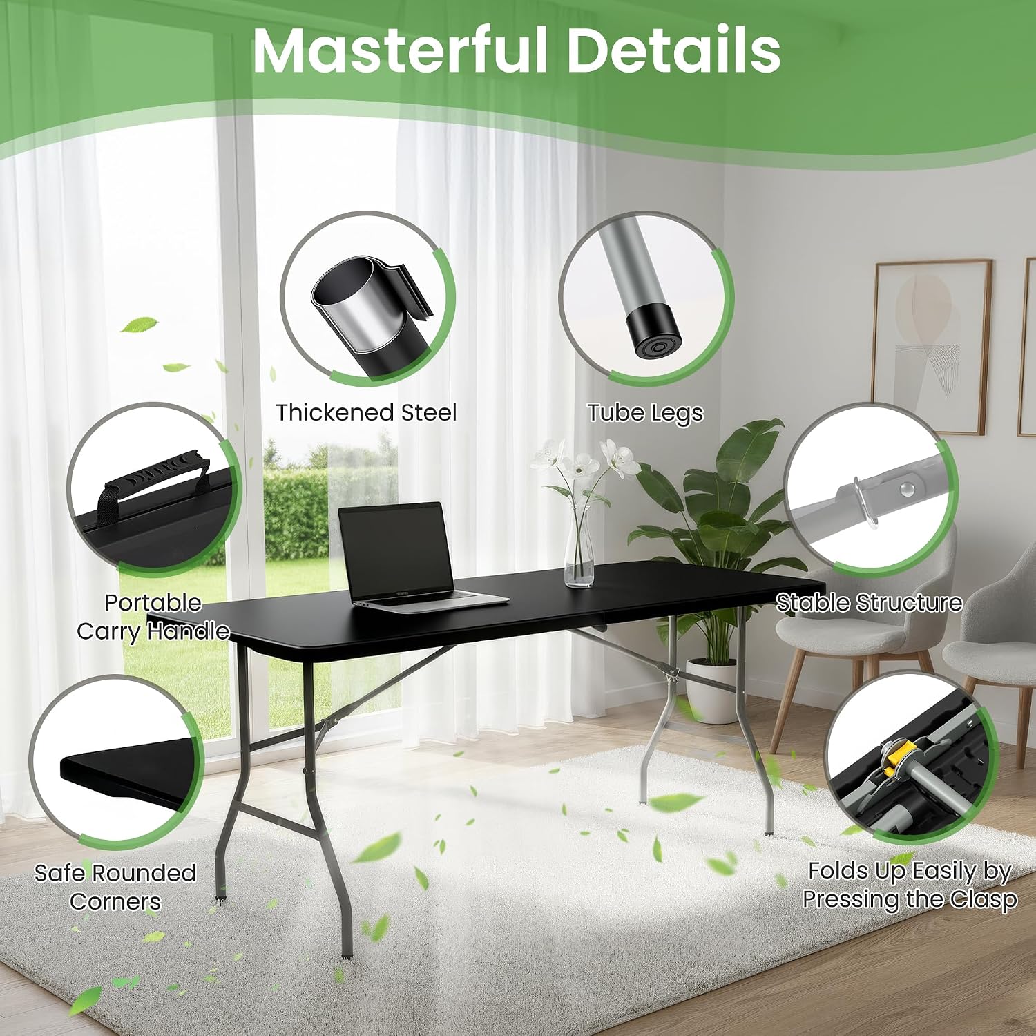 6FT Folding Table Set of 5 Portable Heavy Duty Plastic Table with Carrying Handle Fold-in-Half Utility Foldable Tables for Parties Wedding Events Dining Indoor Outdoor Picnic (Black)