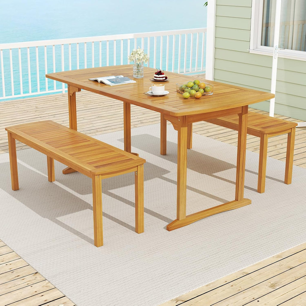 Tangkula 3 Piece Acacia Wood Patio Dining Table Set, 63' Large Patio Table & 2 Backless Benches w/Umbrella Hole, Farmhouse Indoor Outdoor Diner Furniture for Garden Poolside Deck Kitchen