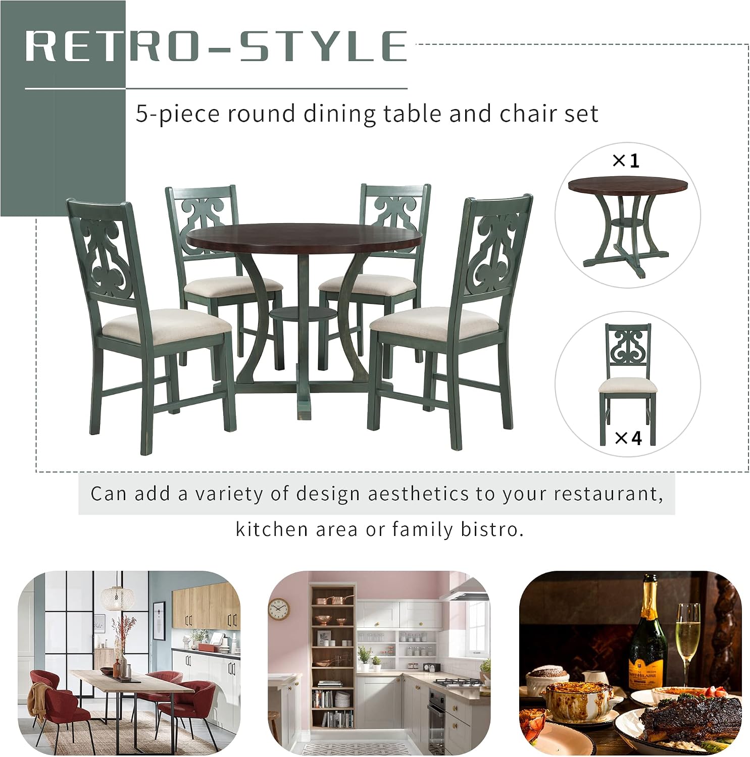 Harper & Bright Designs Retro Style Round Kitchen Dining Table Set for 4, 5 Piece Round Dining Table and 4 Fabric Chairs with Special-Shaped Table Legs and Storage Shelf, Antique Blue/Dark Brown