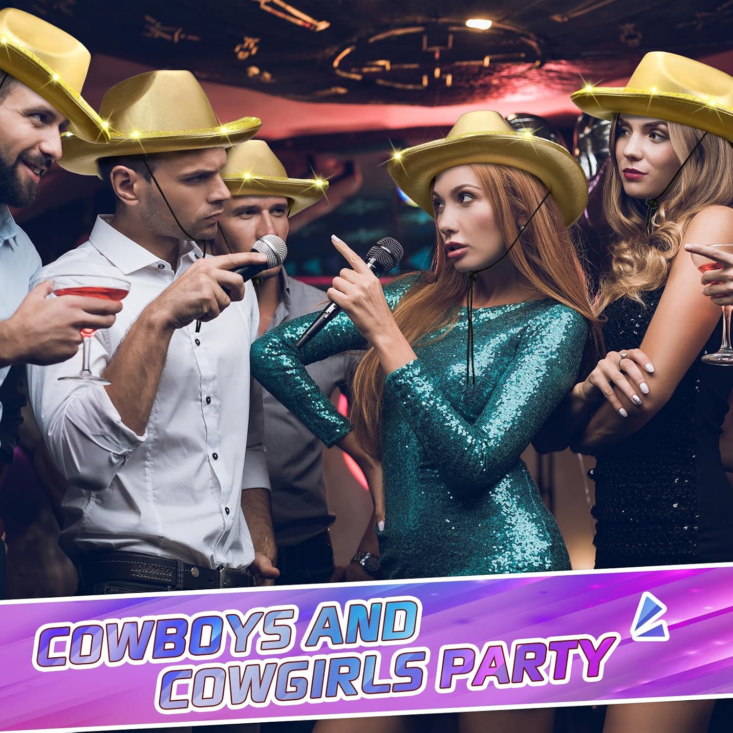 Tisancy 20 Pack Lights Cowboy Cowgirl Hat LED Flashing Light Up Hat for Western Bachelorette Party Wedding Bridal